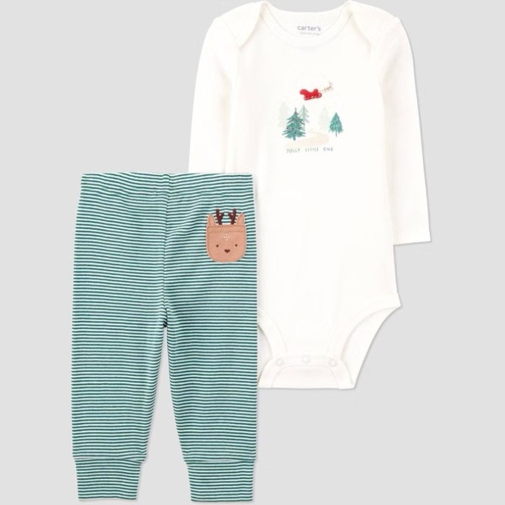 Carter's nwt Baby 2pc Christmas Striped Reindeer Top and Bottom Set - Green